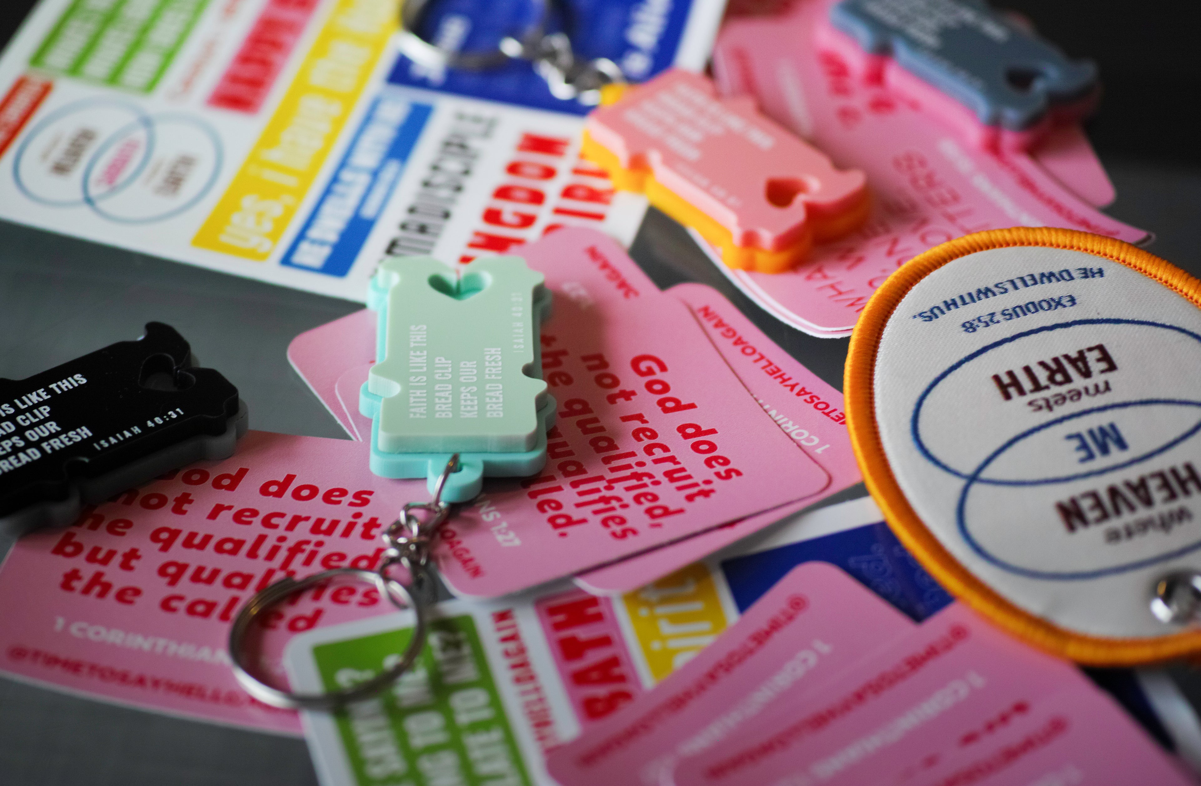 Collection of colourful keychains on polypropylene
